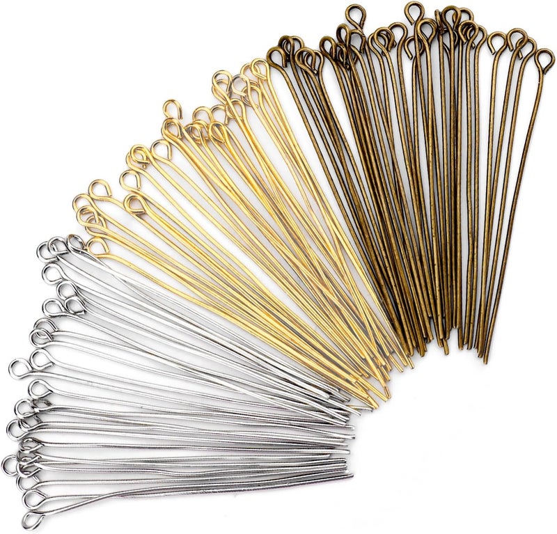 BangBoom 600 Pieces Metal Wire Eye Pins, 2"/50 MM Long Eyepins, Open Straight Eye Pins for Jewelry Making Supplies Earring Findings DIY Bead (Bronze, White Karat Gold, Gold) - Image 1